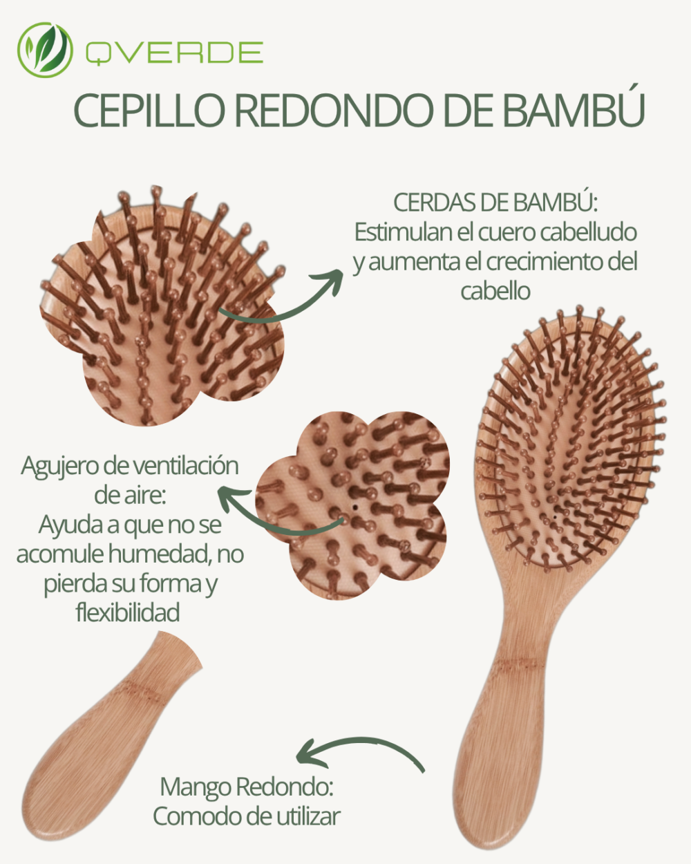 Cepillo Redondo Grande de Cabello de Bambú (23.5x8 cm) - Imagen 2